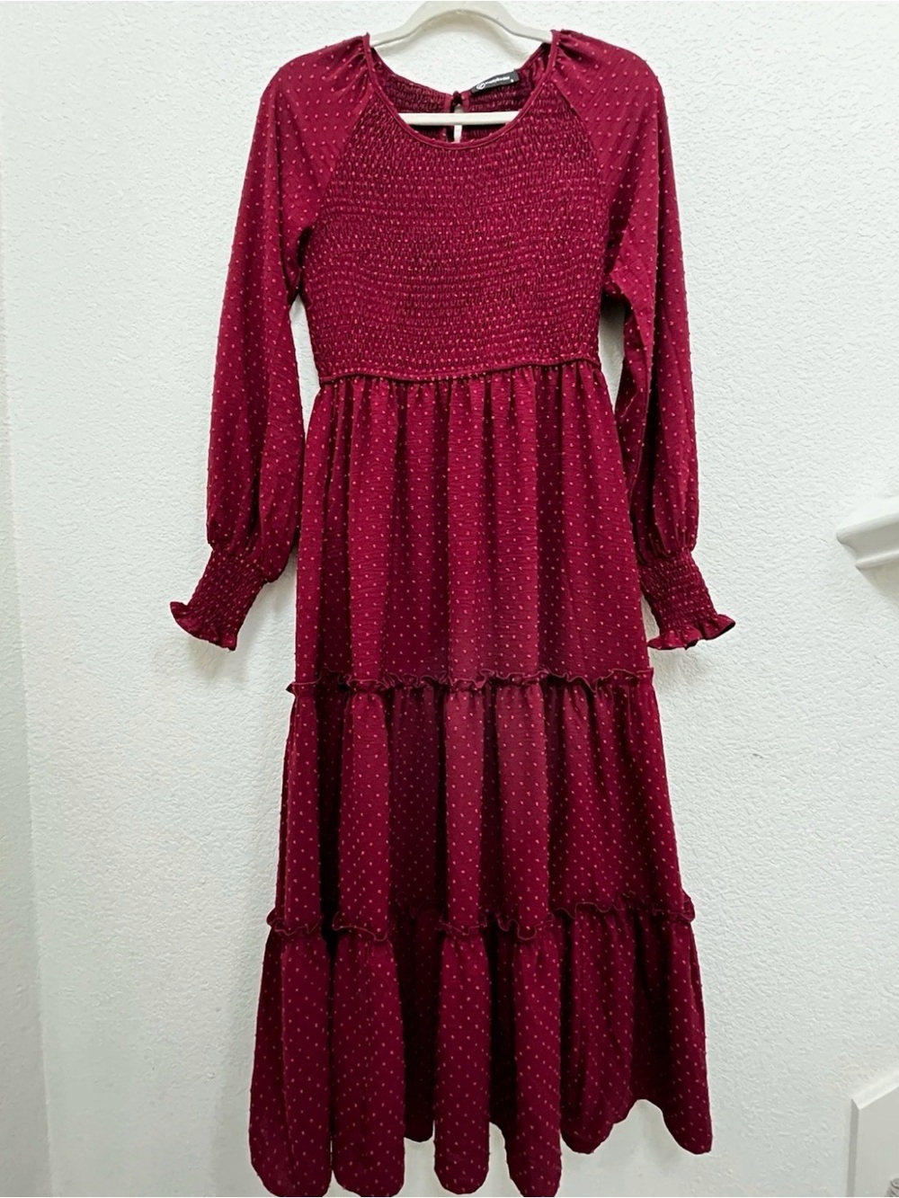 Smocked Bodice Burgundy Maxi Dress with Long Sleeves